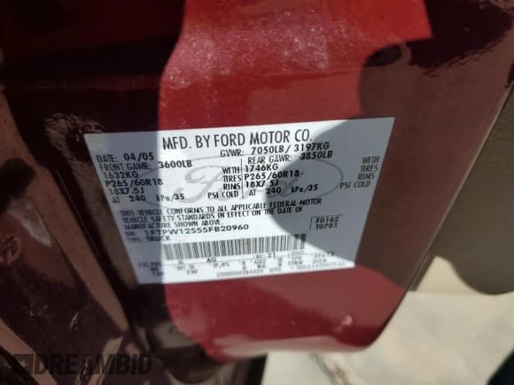 ✅ 2005 Ford F-150 XLT • VIN: 1FTPW12555FB20960 • Лот: 70270815. Опубликован ранее на Copart с пробегом 141 503 миль. Бесплатный доступ к архиву аукционных продаж из США и подробный отчёт об истории автомобиля на DreamBid. Изображение 12.