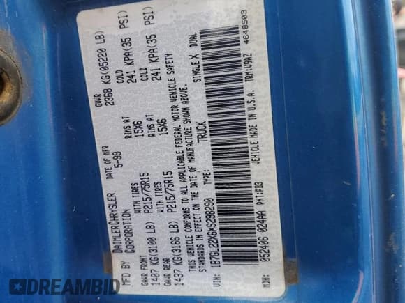 ✅ 1999 Dodge Dakota SLT • VIN: 1B7GL22X6XS298290 • Lot: 88682545. Wystawiony na Copart z przebiegiem 176 280 mil. Bezpłatny archiwum sprzedaży aukcyjnych z USA i szczegółowy raport historii pojazdu na DreamBid. Zdjęcie 12.