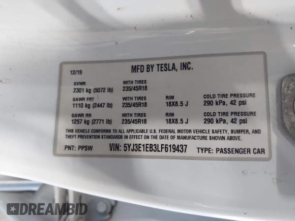 ✅ 2020 Tesla Model 3 Long Range • VIN: 5YJ3E1EB3LF619437 • Лот: 43112398. Опубликован ранее на IAAI с пробегом 92 950 миль. Бесплатный доступ к архиву аукционных продаж из США и подробный отчёт об истории автомобиля на DreamBid. Изображение 9.