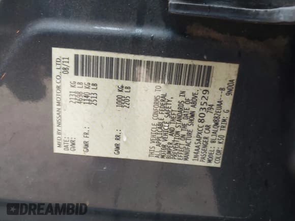 ✅ 2012 Nissan Maxima SV • VIN: 1N4AA5APXCC803529 • Lot: 43836491. Listed on IAAI with Not provided. Free auction sales archive from the USA and detailed vehicle history report at DreamBid. Image 9.