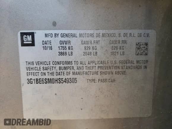 2017 Chevrolet Cruze LT z VIN 3G1BE6SM0HS549305, wystawiony jako Copart lot #63360012 z przebiegiem 112 133 mil mil oraz . Historia ofert i sprzedaży dostępna na DreamBid. Obrazek 10.