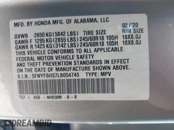 ✅ 2020 Honda Pilot EX-L • VIN: 5FNYF6H57LB054745 • Лот: 43482276. Опубликован ранее на IAAI с пробегом 57 136 миль. Бесплатный доступ к архиву аукционных продаж из США и подробный отчёт об истории автомобиля на DreamBid. Изображение 9.