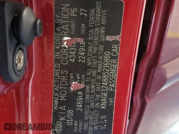 ✅ 2008 Kia Optima EX • VIN: KNAGE124885216860 • Lot: 41652455. Listed on Copart with Not provided. Free auction sales archive from the USA and detailed vehicle history report at DreamBid. Image 13.