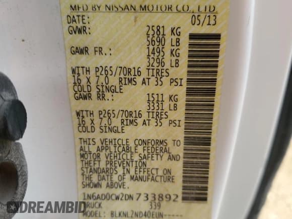 ✅ 2013 Nissan Frontier SV • VIN: 1N6AD0CW2DN733892 • Lot: 68198815. Listed on Copart with 104,495 mi. Free auction sales archive from the USA and detailed vehicle history report at DreamBid. Image 12.