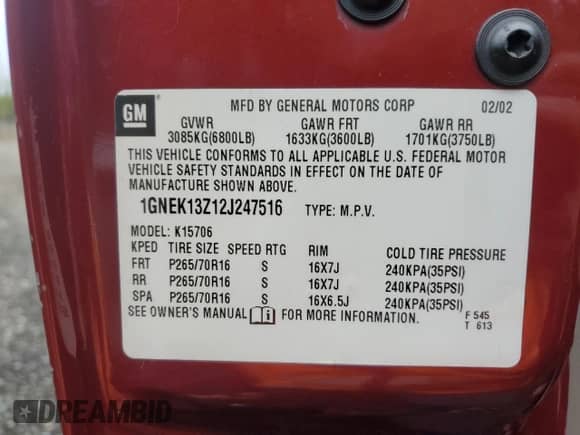 2002 Chevrolet Tahoe LT with VIN 1GNEK13Z12J247516, listed as a Copart auction lot 87127595 with 214,854 mi miles and Salvage title. Bid and sale history available at DreamBid. Image 14.