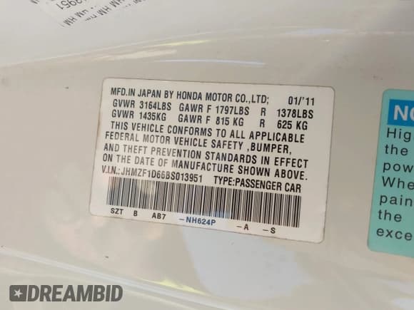✅ 2011 Honda CR-Z EX • VIN: JHMZF1D66BS013951 • Лот: 43693601. Опубликован ранее на IAAI с пробегом 160 327 миль. Бесплатный доступ к архиву аукционных продаж из США и подробный отчёт об истории автомобиля на DreamBid. Изображение 9.