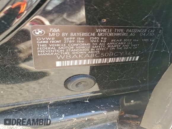 ✅ 2011 BMW 7 Series 750i • VIN: WBAKA8C50BCY36417 • Lot: 93993195. Listed on Copart with 116,196 mi. Free auction sales archive from the USA and detailed vehicle history report at DreamBid. Image 12.