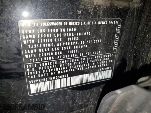 ✅ 2022 Volkswagen Taos SE • VIN: 3VVPX7B27NM036968 • Lot: 81440795. Listed on Copart with 35,944 mi. Free auction sales archive from the USA and detailed vehicle history report at DreamBid. Image 13.