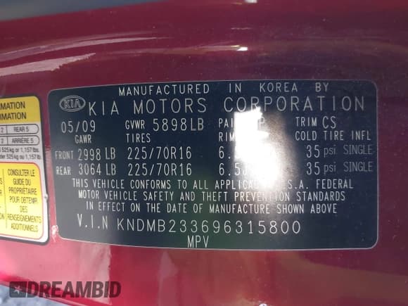 ✅ 2009 Kia Sedona EX • VIN: KNDMB233696315800 • Lot: 43461709. Listed on IAAI with 193,784 mi. Free auction sales archive from the USA and detailed vehicle history report at DreamBid. Image 9.