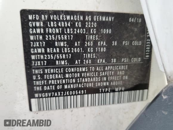 ✅ 2018 Volkswagen Tiguan • VIN: WVGBV7AX2JK005491 • Lot: 81971005. Listed on Copart with 101,358 mi. Free auction sales archive from the USA and detailed vehicle history report at DreamBid. Image 13.