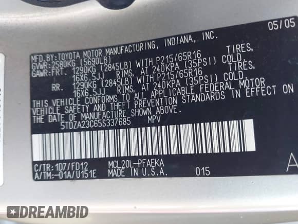 2005 Toyota Sienna LE z VIN 5TDZA23C65S337685, wystawiony jako IAAI lot #43573976 z przebiegiem 247 716 mil mil oraz . Historia ofert i sprzedaży dostępna na DreamBid. Obrazek 9.