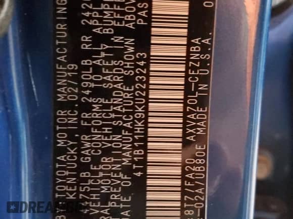 2019 Toyota Camry LE z VIN 4T1B11HK9KU223243, wystawiony jako Copart lot #86264145 z przebiegiem 120 090 mil mil oraz Szkoda całkowita • Salvage title. Historia ofert i sprzedaży dostępna na DreamBid. Obrazek 12.