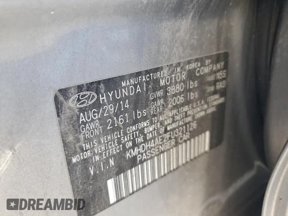 ✅ 2015 Hyundai Elantra SE • VIN: KMHDH4AE2FU321126 • Lot: 84271635. Listed on Copart with 166,216 mi. Free auction sales archive from the USA and detailed vehicle history report at DreamBid. Image 12.