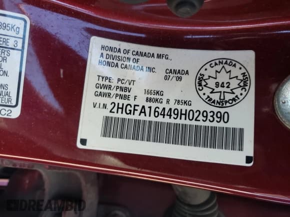 ✅ 2009 Honda Civic DX-G • VIN: 2HGFA16449H029390 • Lot: 85388675. Listed on Copart with 132,409 mi. Free auction sales archive from the USA and detailed vehicle history report at DreamBid. Image 12.