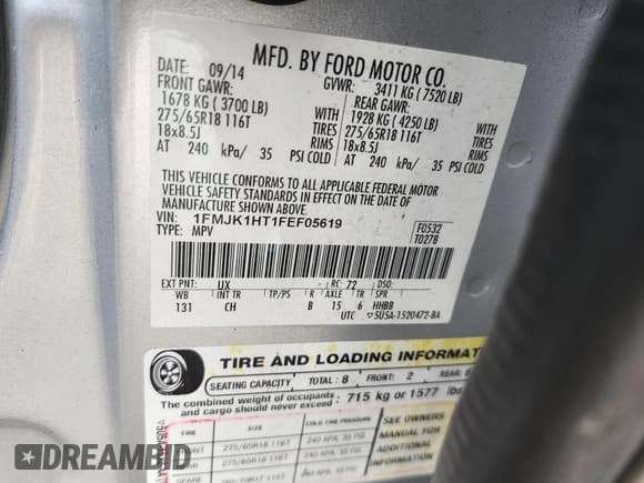 ✅ 2015 Ford Expedition Max XLT • VIN: 1FMJK1HT1FEF05619 • Лот: 43923499. Опубликован ранее на IAAI с пробегом Не указан. Бесплатный доступ к архиву аукционных продаж из США и подробный отчёт об истории автомобиля на DreamBid. Изображение 9.