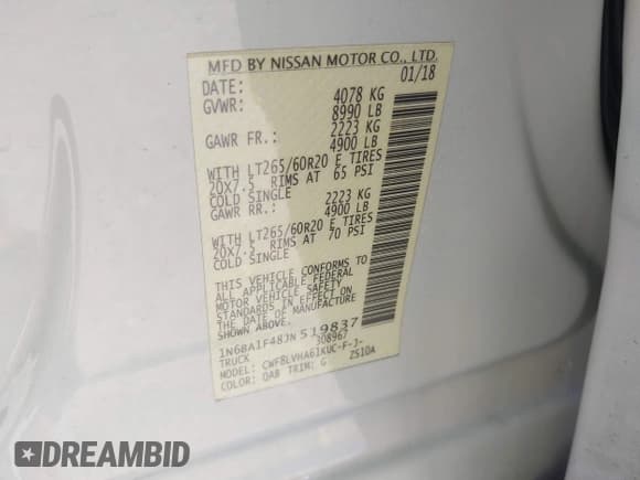 ✅ 2018 Nissan Titan Platinum Reserve • VIN: 1N6BA1F48JN519837 • Lot: 42063372. Listed on IAAI with 101,918 mi. Free auction sales archive from the USA and detailed vehicle history report at DreamBid. Image 9.