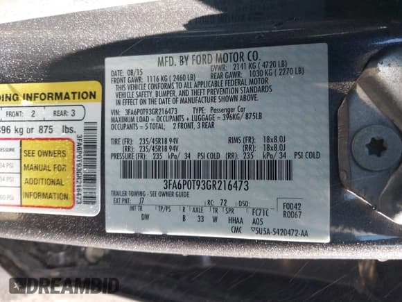 ✅ 2016 Ford Fusion SE • VIN: 3FA6P0T93GR216473 • Lot: 43467450. Listed on IAAI with 119,856 mi. Free auction sales archive from the USA and detailed vehicle history report at DreamBid. Image 9.