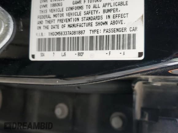 ✅ 2007 Honda Accord LX SE • VIN: 1HGCM56337A081887 • Lot: 91595275. Listed on Copart with 180,715 mi. Free auction sales archive from the USA and detailed vehicle history report at DreamBid. Image 12.