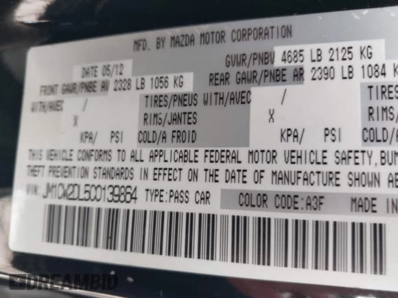 ✅ 2012 Mazda 5 Grand Touring • VIN: JM1CW2DL5C0139864 • Lot: 43851174. Listed on IAAI with 145,103 mi. Free auction sales archive from the USA and detailed vehicle history report at DreamBid. Image 9.