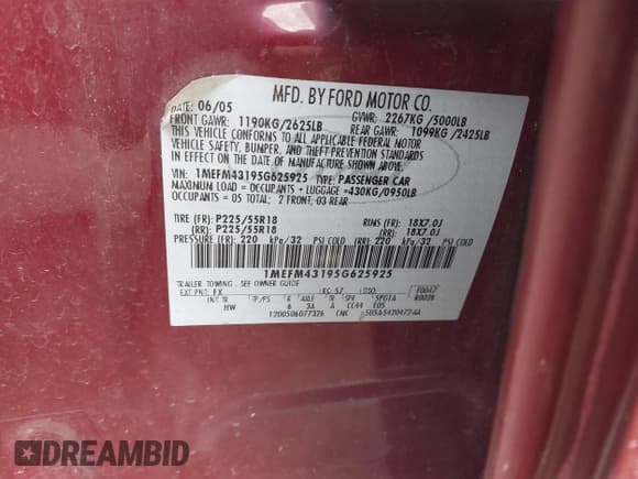 ✅ 2005 Mercury Montego Premier • VIN: 1MEFM43195G625925 • Лот: 42492418. Опубликован ранее на IAAI с пробегом 84 136 миль. Бесплатный доступ к архиву аукционных продаж из США и подробный отчёт об истории автомобиля на DreamBid. Изображение 9.