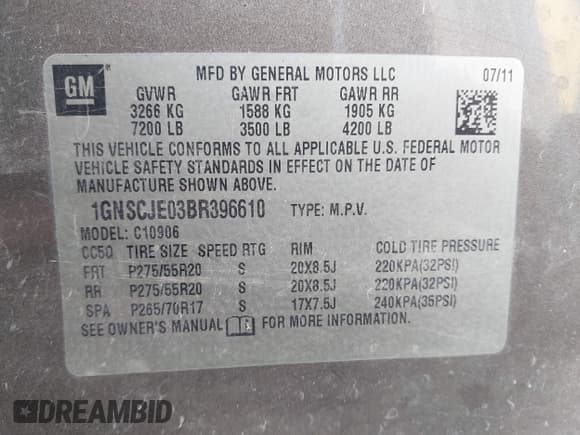 ✅ 2011 Chevrolet Suburban LT • VIN: 1GNSCJE03BR396610 • Lot: 42348029. Listed on IAAI with 249,280 mi. Free auction sales archive from the USA and detailed vehicle history report at DreamBid. Image 9.