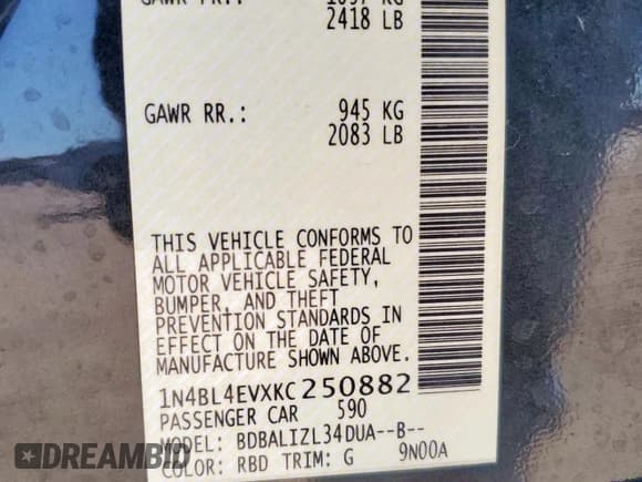 ✅ 2019 Nissan Altima SL • VIN: 1N4BL4EVXKC250882 • Lot: 67487755. Listed on Copart with 121,416 mi. Free auction sales archive from the USA and detailed vehicle history report at DreamBid. Image 12.