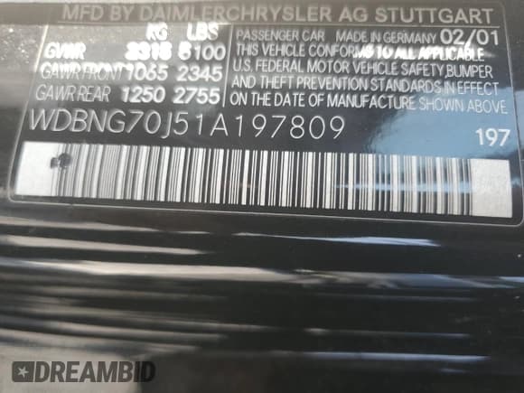 ✅ 2001 Mercedes-Benz S 320/430/500 • VIN: WDBNG70J51A197809 • Лот: 68633494. Опубликован ранее на Copart с пробегом 145 040 миль. Бесплатный доступ к архиву аукционных продаж из США и подробный отчёт об истории автомобиля на DreamBid. Изображение 12.