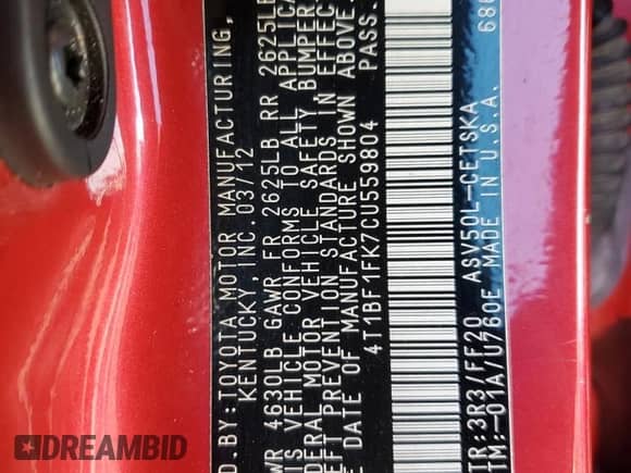 2012 Toyota Camry LE with VIN 4T1BF1FK7CU559804, listed as a Copart auction lot 87396715 with 134,099 mi miles and Salvage title. Bid and sale history available at DreamBid. Image 12.