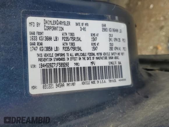 ✅ 2001 Dodge Durango • VIN: 1B4HS28Z71F589202 • Лот: 58522665. Опубликован ранее на Copart с пробегом 233 451 миль. Бесплатный доступ к архиву аукционных продаж из США и подробный отчёт об истории автомобиля на DreamBid. Изображение 13.