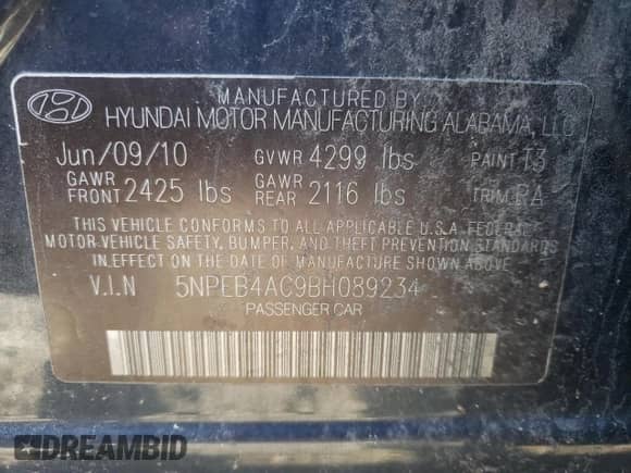 2011 Hyundai Sonata GLS with VIN 5NPEB4AC9BH089234, listed as a Copart auction lot 71816825 with 235,369 mi miles and Salvage title. Bid and sale history available at DreamBid. Image 13.