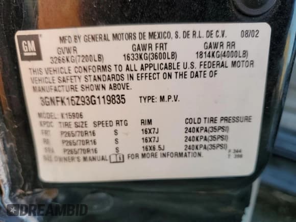 ✅ 2003 Chevrolet Suburban Z71 • VIN: 3GNFK16Z93G119835 • Lot: 44208115. Wystawiony na Copart z przebiegiem Nie podano. Bezpłatny archiwum sprzedaży aukcyjnych z USA i szczegółowy raport historii pojazdu na DreamBid. Zdjęcie 13.