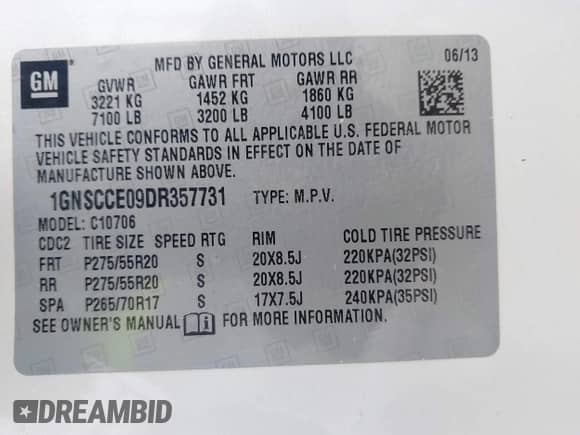 2013 Chevrolet Tahoe LTZ with VIN 1GNSCCE09DR357731, listed as a IAAI auction lot 43343449 with 148,667 mi miles and . Bid and sale history available at DreamBid. Image 9.