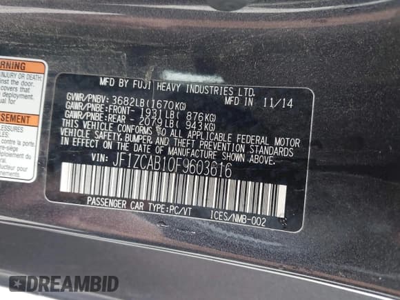 ✅ 2015 Subaru BRZ Premium • VIN: JF1ZCAB10F9603616 • Lot: 41913396. Wystawiony na IAAI z przebiegiem 60 359 mil. Bezpłatny archiwum sprzedaży aukcyjnych z USA i szczegółowy raport historii pojazdu na DreamBid. Zdjęcie 9.