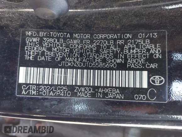 ✅ 2013 Toyota Prius Two • VIN: JTDKN3DU1D5585690 • Lot: 43686771. Listed on IAAI with 208,877 mi. Free auction sales archive from the USA and detailed vehicle history report at DreamBid. Image 9.