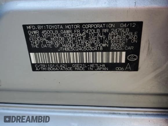 ✅ 2012 Lexus IS 350 • VIN: JTHBE5C24C5030418 • Lot: 91045835. Listed on Copart with 131,503 mi. Free auction sales archive from the USA and detailed vehicle history report at DreamBid. Image 13.