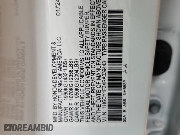 ✅ 2024 Honda Accord EX • VIN: 1HGCY1F3XRA039443 • Lot: 87313835. Wystawiony na Copart z przebiegiem 14 696 mil. Bezpłatny archiwum sprzedaży aukcyjnych z USA i szczegółowy raport historii pojazdu na DreamBid. Zdjęcie 12.