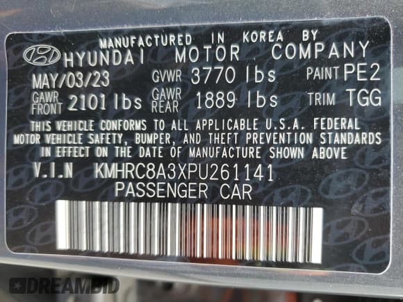 ✅ 2023 Hyundai Venue SEL • VIN: KMHRC8A3XPU261141 • Lot: 51668885. Listed on Copart with 45,495 mi. Free auction sales archive from the USA and detailed vehicle history report at DreamBid. Image 13.
