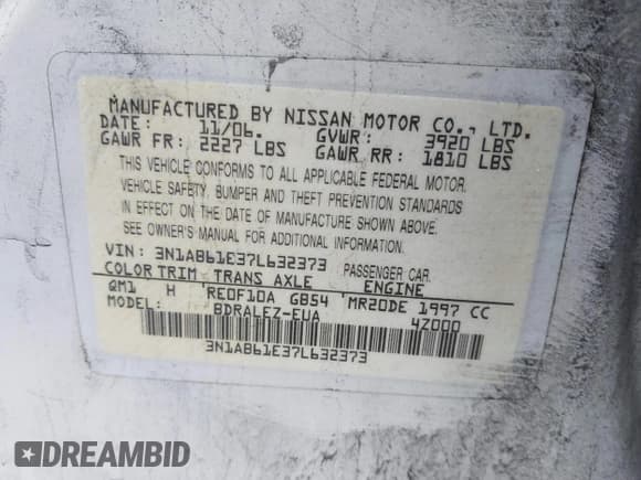 ✅ 2007 Nissan Sentra 2.0 • VIN: 3N1AB61E37L632373 • Lot: 42017156. Listed on IAAI with 177,334 mi. Free auction sales archive from the USA and detailed vehicle history report at DreamBid. Image 9.