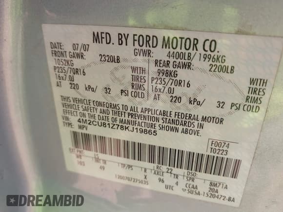 ✅ 2008 Mercury Mariner • VIN: 4M2CU81Z78KJ19865 • Лот: 43124804. Опубликован ранее на IAAI с пробегом 110 193 миль. Бесплатный доступ к архиву аукционных продаж из США и подробный отчёт об истории автомобиля на DreamBid. Изображение 9.