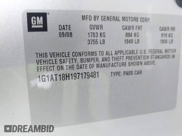 2009 Chevrolet Cobalt 1LT with VIN 1G1AT18H197179481, listed as a IAAI auction lot 43459086 with 76,608 mi miles and . Bid and sale history available at DreamBid. Image 9.