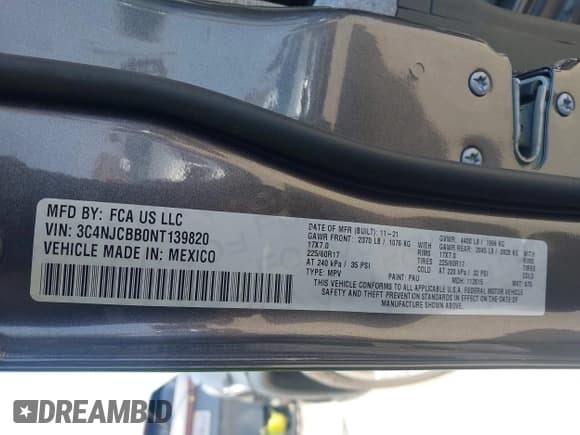 ✅ 2022 Jeep Compass Latitude • VIN: 3C4NJCBB0NT139820 • Lot: 42640543. Listed on IAAI with 51,196 mi. Free auction sales archive from the USA and detailed vehicle history report at DreamBid. Image 9.