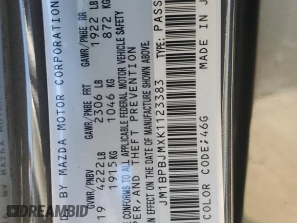 ✅ 2019 Mazda 3 • VIN: JM1BPBJMXK1123383 • Лот: 62372965. Опубликован ранее на Copart с пробегом 57 103 миль. Бесплатный доступ к архиву аукционных продаж из США и подробный отчёт об истории автомобиля на DreamBid. Изображение 12.