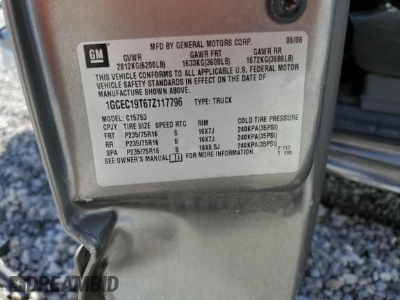 ✅ 2007 Chevrolet Silverado 1500 LT1 • VIN: 1GCEC19T67Z117796 • Lot: 57936384. Listed on Copart with 153,974 mi. Free auction sales archive from the USA and detailed vehicle history report at DreamBid. Image 15.