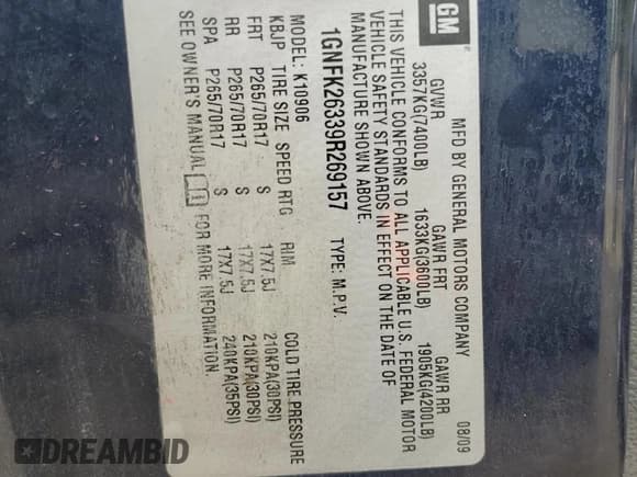 ✅ 2009 Chevrolet Suburban 1LT • VIN: 1GNFK26339R269157 • Lot: 53614035. Wystawiony na Copart z przebiegiem 260 295 mil. Bezpłatny archiwum sprzedaży aukcyjnych z USA i szczegółowy raport historii pojazdu na DreamBid. Zdjęcie 13.