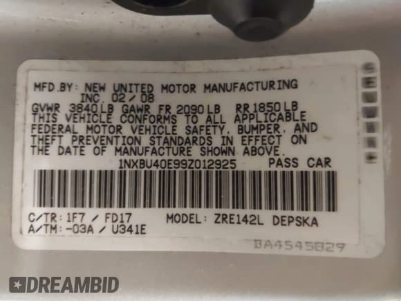 ✅ 2009 Toyota Corolla S • VIN: 1NXBU40E99Z012925 • Lot: 43739204. Listed on IAAI with 146,226 mi. Free auction sales archive from the USA and detailed vehicle history report at DreamBid. Image 9.