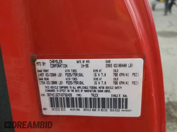 1997 Dodge 1500 с VIN 3B7HC13Z7VG732428, выставлен на аукционе Copart как лот 82415565 с пробегом 125 528 миль миль и Списание • Salvage title. История ставок и продаж доступна на DreamBid. Изображение 12.