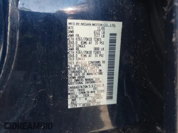 ✅ 2006 Nissan Titan LE • VIN: 1N6BA07B76N532903 • Lot: 43466795. Wystawiony na IAAI z przebiegiem Nie podano. Bezpłatny archiwum sprzedaży aukcyjnych z USA i szczegółowy raport historii pojazdu na DreamBid. Zdjęcie 9.