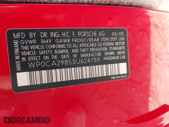 ✅ 2003 Porsche Boxster • VIN: WP0CA29853U624789 • Lot: 41736679. Listed on IAAI with 170,303 mi. Free auction sales archive from the USA and detailed vehicle history report at DreamBid. Image 8.