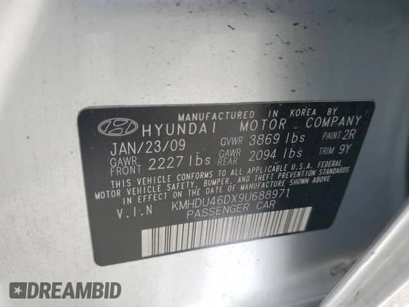 2009 Hyundai Elantra GLS z VIN KMHDU46DX9U688971, wystawiony jako Copart lot #69621965 z przebiegiem Nie podano mil oraz Szkoda całkowita • Salvage title. Historia ofert i sprzedaży dostępna na DreamBid. Obrazek 12.