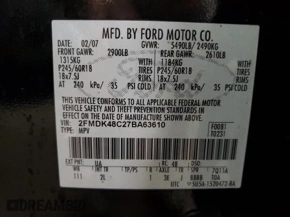 ✅ 2007 Ford Edge SEL • VIN: 2FMDK48C27BA63610 • Lot: 57321775. Wystawiony na Copart z przebiegiem 172 912 mil. Bezpłatny archiwum sprzedaży aukcyjnych z USA i szczegółowy raport historii pojazdu na DreamBid. Zdjęcie 13.